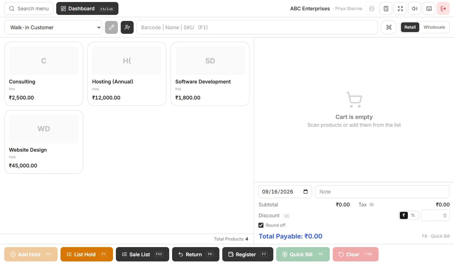 POS: grid, cart, F-key shortcuts and Quick Bill